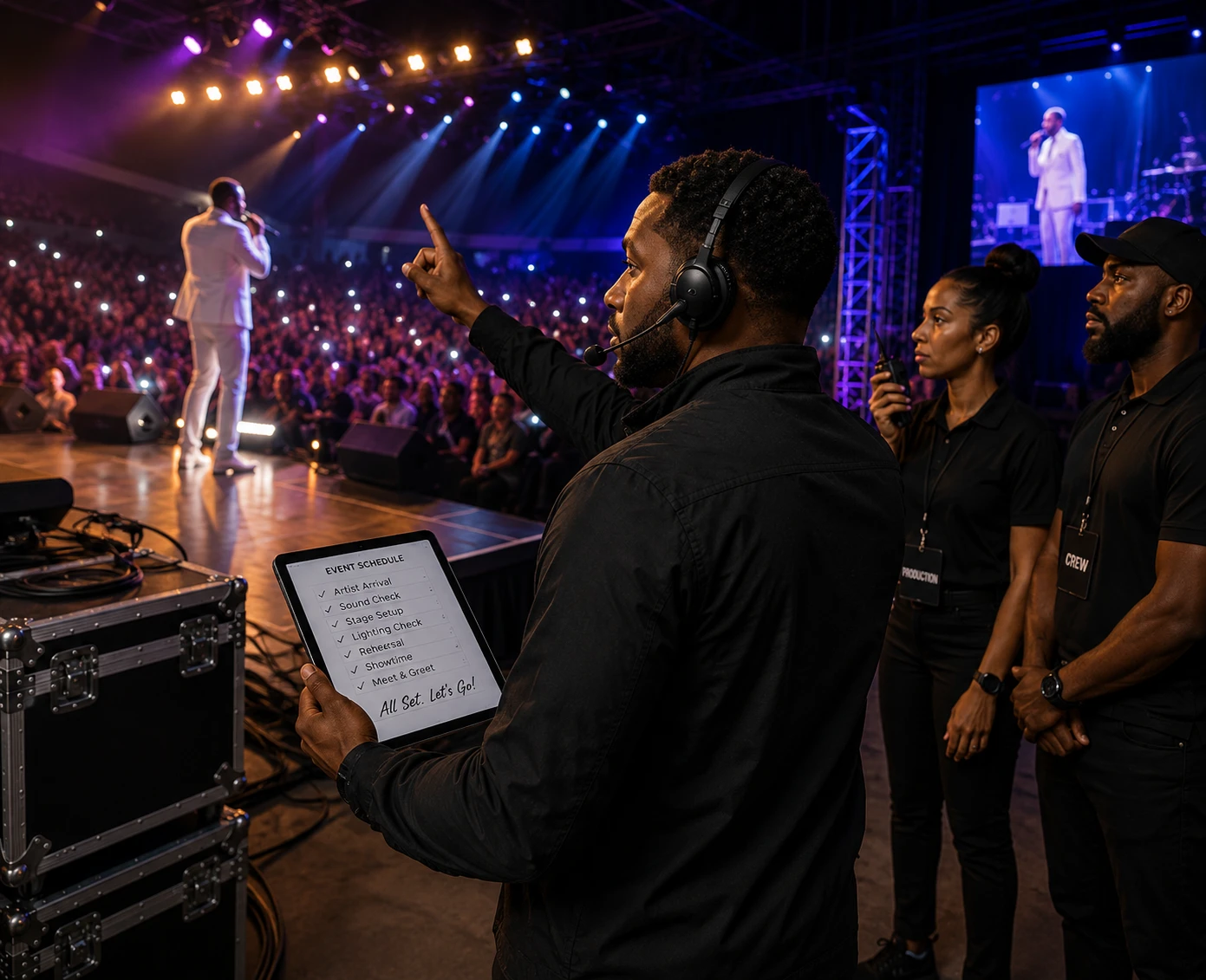 Event coordinator directing stage and production operations backstage at a live performance.
